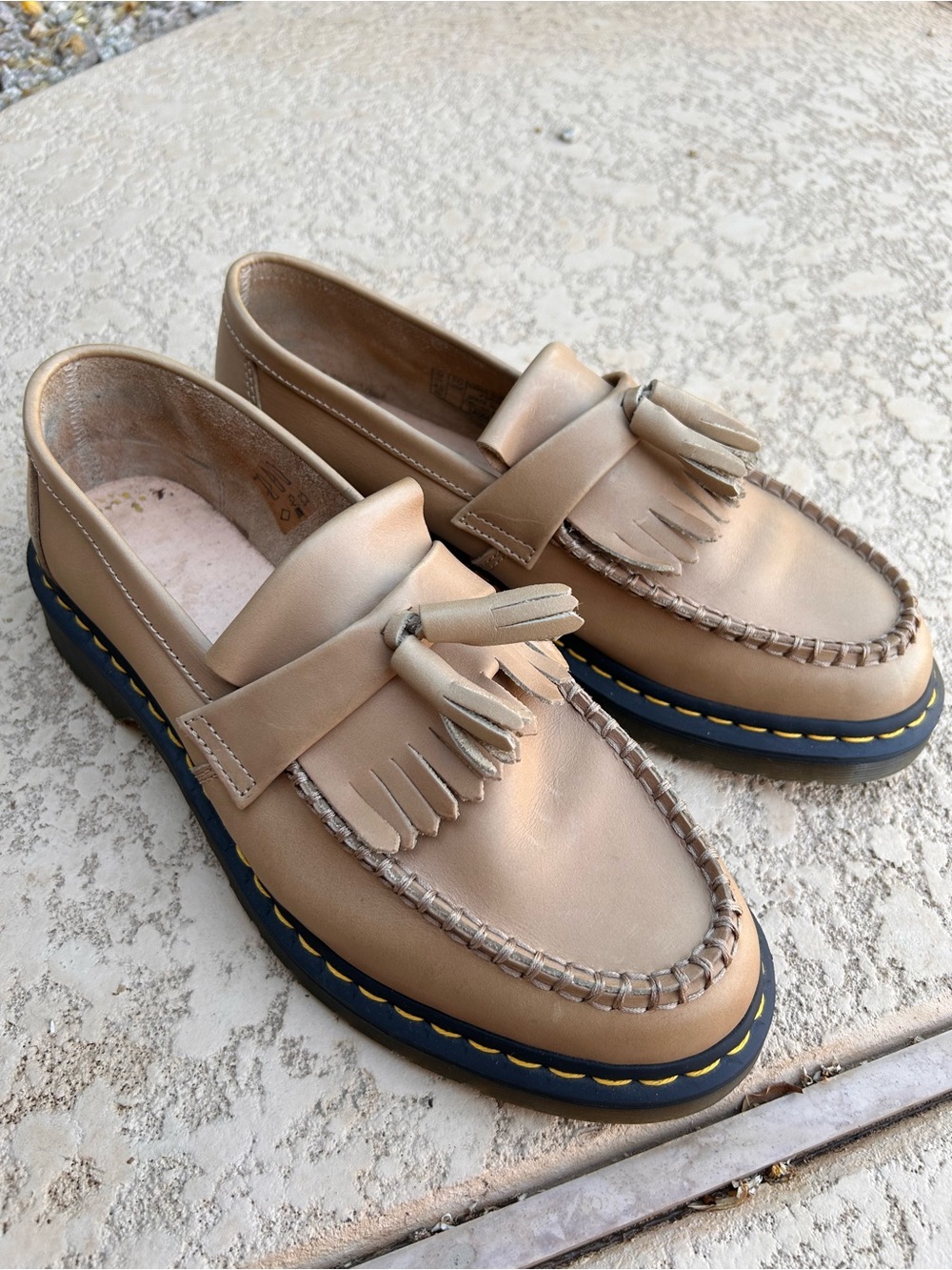 Dr. Martens Beige Tassel Kiltie Loafers with Black Sole